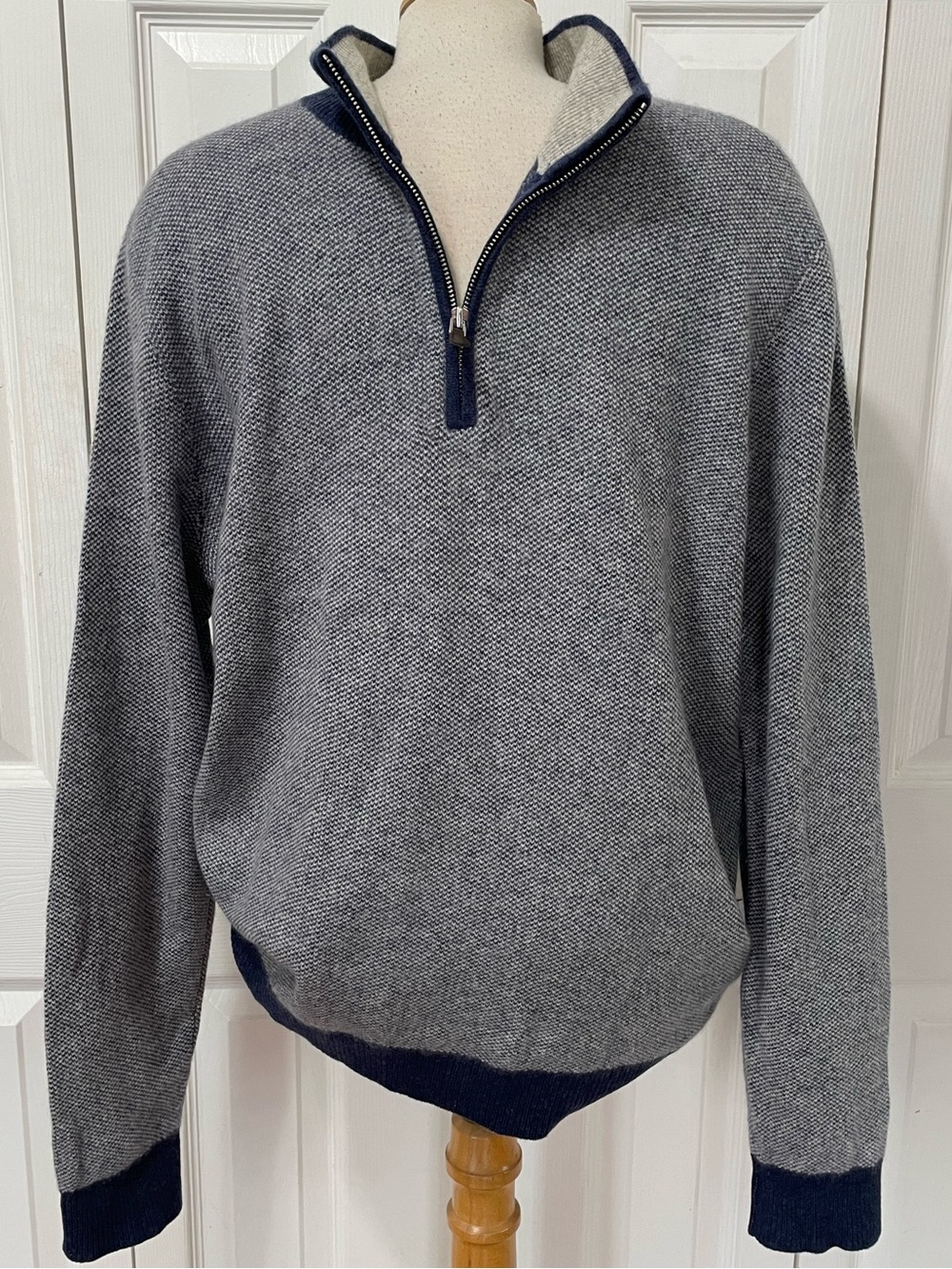 Saks Fifth Avenue Gray Half-Zip cashmere Sweater with Navy Trim